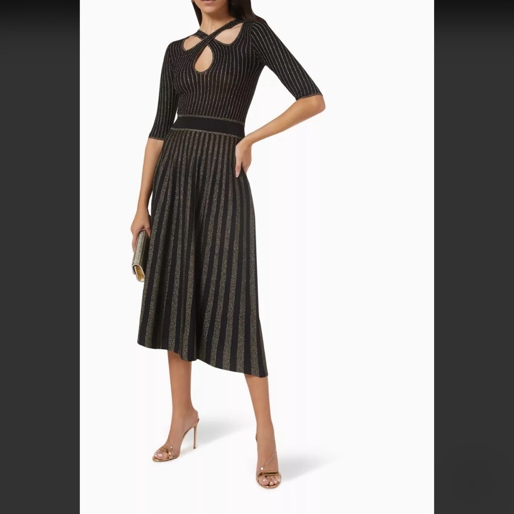 PINKO Bitter Two-tone Midi Dress in Stretch Jersey Black Gold Sparkle Metallic M